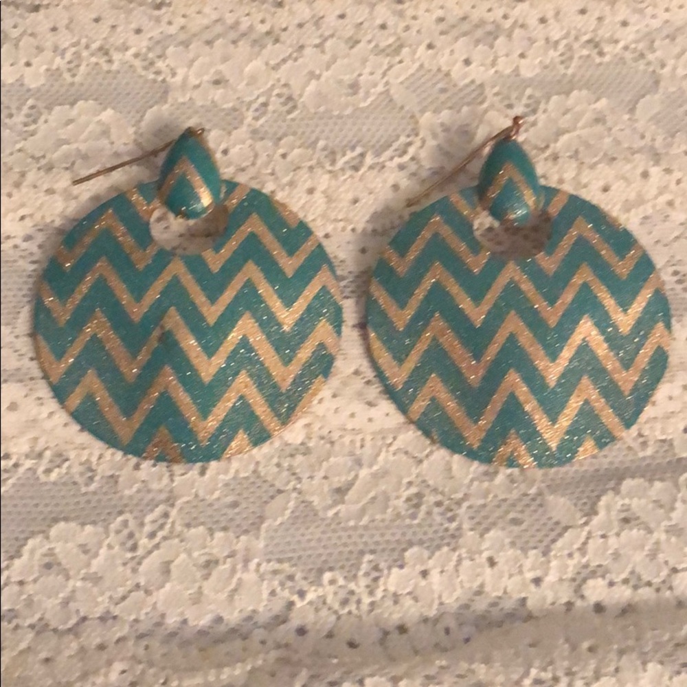 Turquoise & Gold Chevron Pattern Circle Earrings